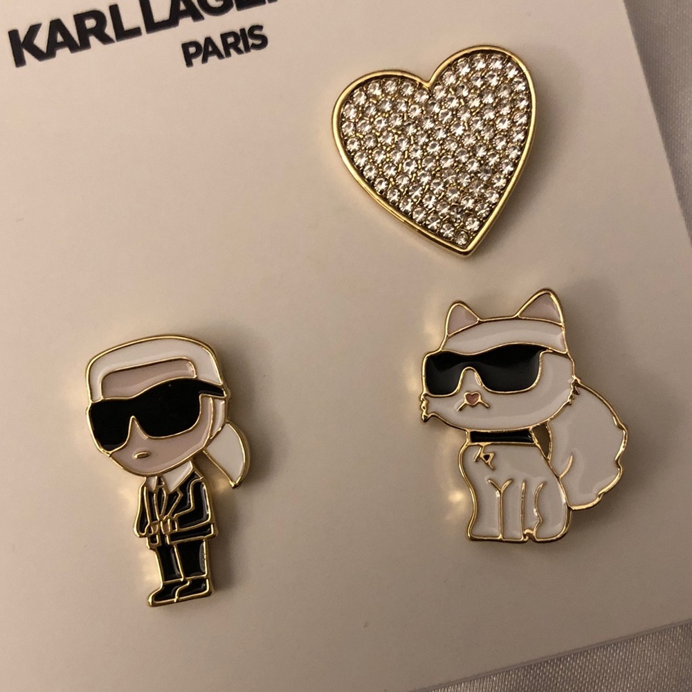 Karl Lagerfeld Paris 3PC Lapel Pin Set Karl, Choupette & Crystal Heart NEW - Picture 4 of 11